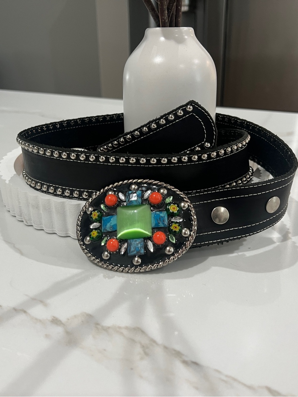 Black Studded Leather Belt with Multicolor Gem Accent Buckle